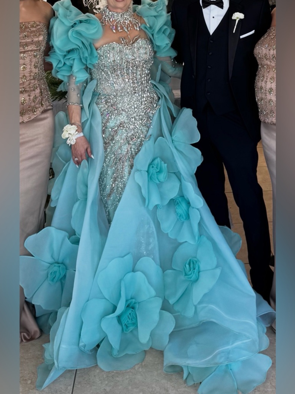 Aqua Floral Appliqué Ball Gown with Crystal Bodice